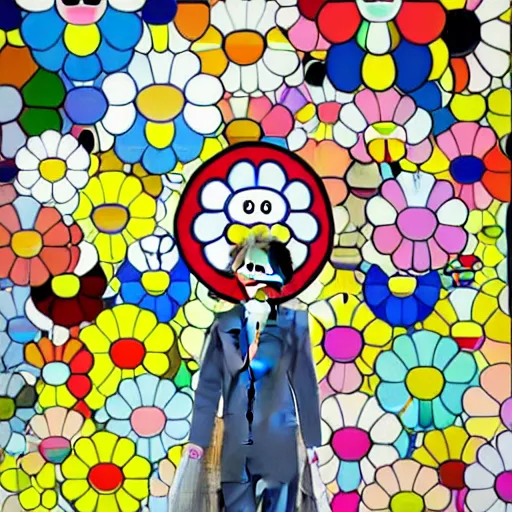 Image similar to man walking across bridge, bright colors, Takashi Murakami, Minimalist,