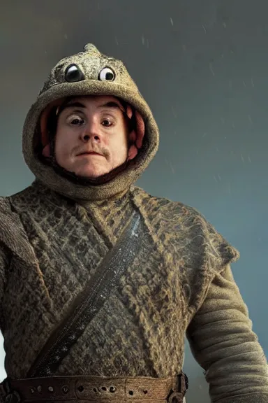 Prompt: very very intricate photorealistic photo of a realistic human version of toad from mario in an episode of game of thrones, photo is in focus with detailed atmospheric lighting, award - winning details