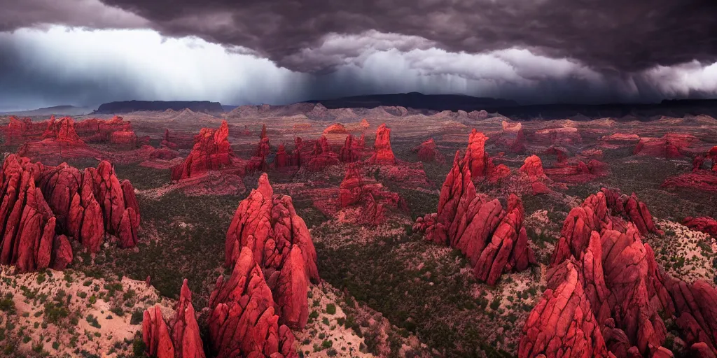 Prompt: dramatic still of a dark gothic cathedral, rendered by pixar, vultures, gothic architecture, top of a red rock canyon, red rock strata, aerial view, atmospheric, stormy, dramatic skies, moody, dark, cinematic, volumetric lighting, 8K