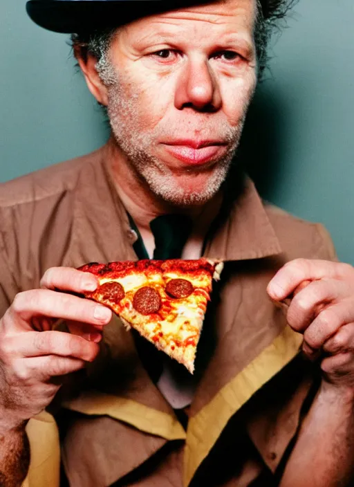 Image similar to Tom Waits eating pizza with ice cream on top, color photograph portrait 4k