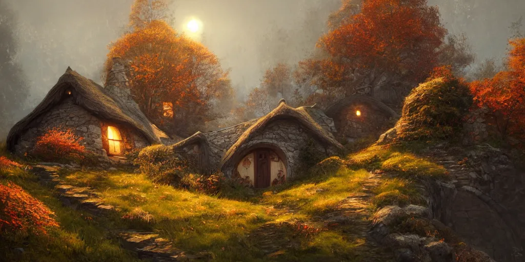 Image similar to a hobbit cottage on top of a steep hill, greg rutkowski, zabrocki, moebius, karlkka, jayison devadas, highly detailed, autumn sunlights, smoky atmosphere, ( ray of sunlight ), trending on artstation, 8 k, ultra wide angle, zenith view, pincushion lens effect