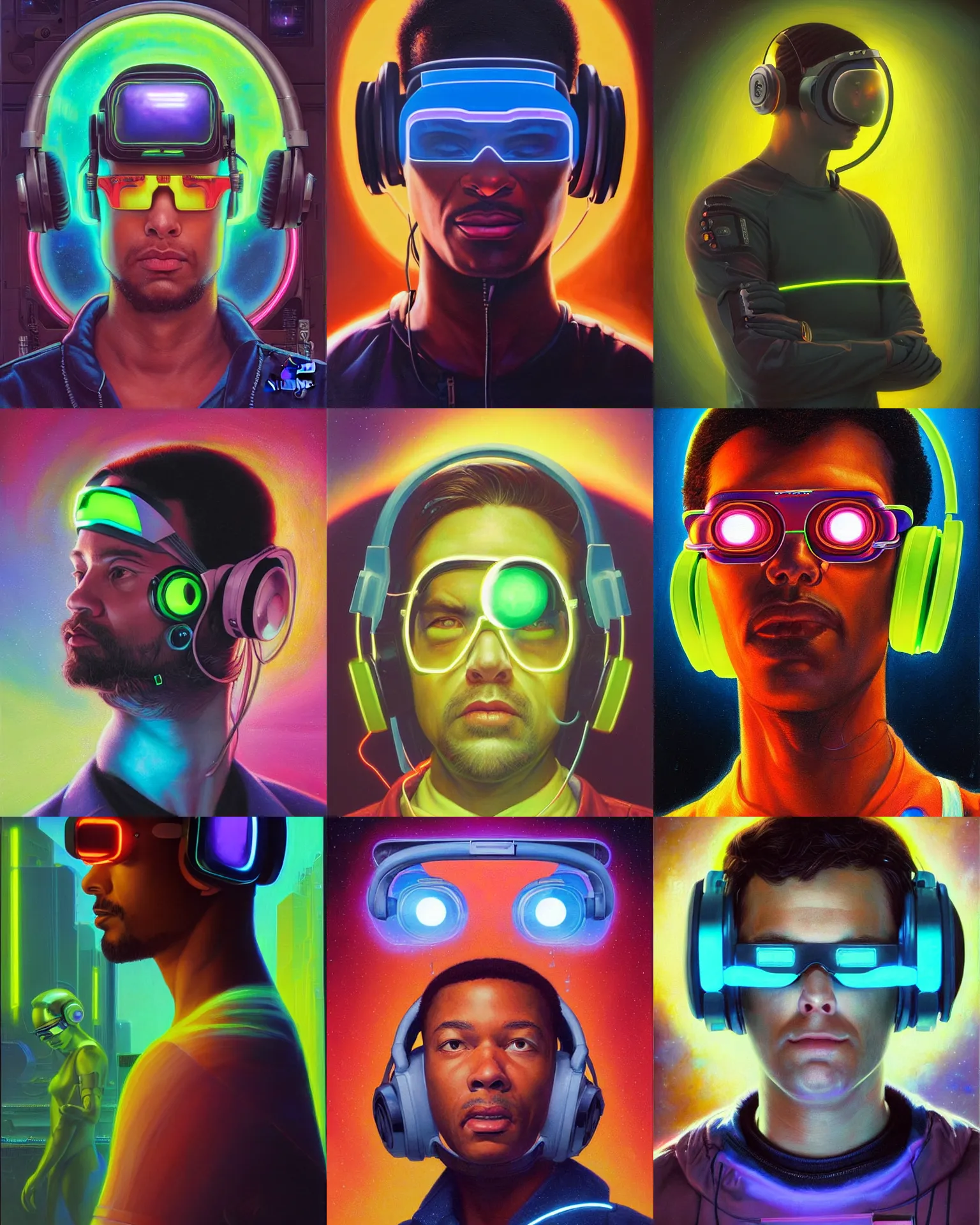 Image similar to neon cyberpunk programmer with glowing geordi cyclops visor over eyes and sleek headphones headshot desaturated portrait painting by donato giancola, dean cornwall, rhads, tom whalen, alex grey astronaut fashion photography