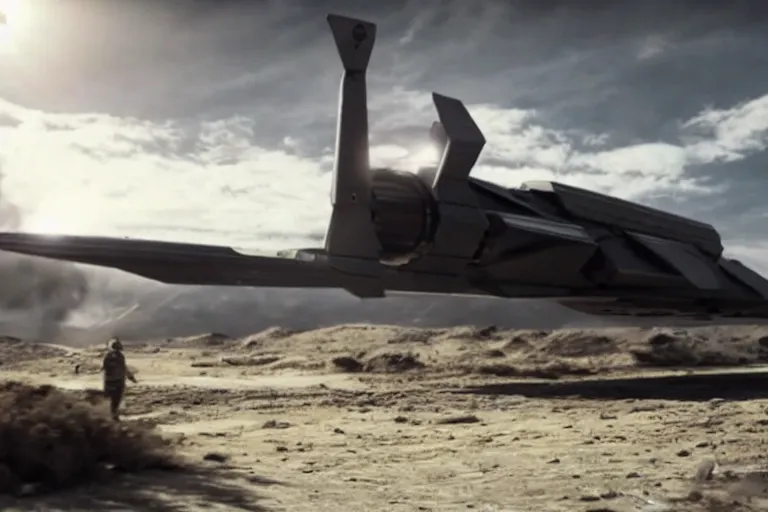 Prompt: VFX movie of a futuristic spaceship taking off in war zone, natural lighting by Emmanuel Lubezki