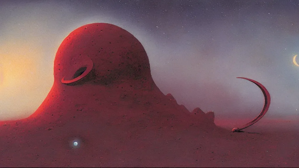 Image similar to mysterious whimsical sculpture of an alien crescent moon by paul lehr and john schoenherr and john harris, cinematic matte painting