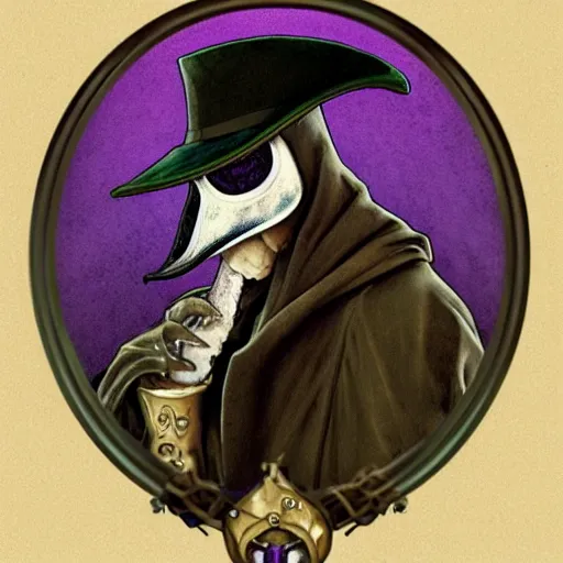 Image similar to mediaeval plague doctor wearing a top hat with a purple ribbon, intricate, epic, highly detailed, digital painting, artstation, concept art, smooth, sharp focus, illustration, unreal engine 5, 8 k, art by artgerm and greg rutkowski and alphonse mucha