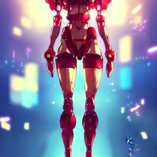 Prompt: digital anime art, wlop, rossdraws, sakimimichan, very small cute girl standing on a large table, red mech arms and red mech legs,