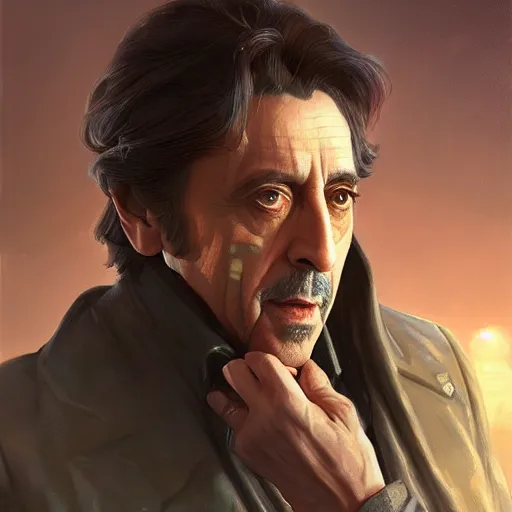 Image similar to Al Pacino , D&D, fantasy, intricate, elegant, highly detailed, digital painting, artstation, concept art, matte, illustration, hearthstone, art by Artgerm and Greg Rutkowski and Alphonse Mucha, Simon Stalenhag, hyperreal