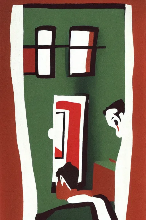 Image similar to man looking at his reflection in the mirror, 1960’s minimalist advertising illustration, painterly, expressive brush strokes