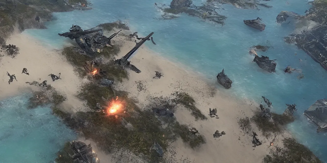 Image similar to fantasy d-day beach landing, realistic, explosions, cinematic, dragons, unreal engine