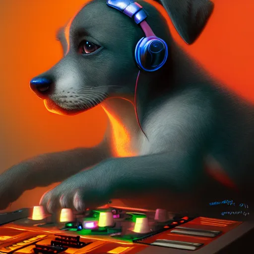 Image similar to puppy as a DJ, 8k, fantasy, intricate, cinematic lighting, highly detailed, digital painting, artstation, concept art, smooth, sharp focus, illustration, by Pixar