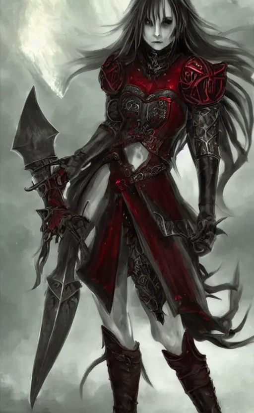 Image similar to dnd art, female vampire knight, barefoot, black full plate armor, historical armor, realistic armor, muscular, full body, monstrous mask, giant two - handed sword dripping blood, red wings, grinning, no boots, black nail polish, realistic, pathfinder, flying.