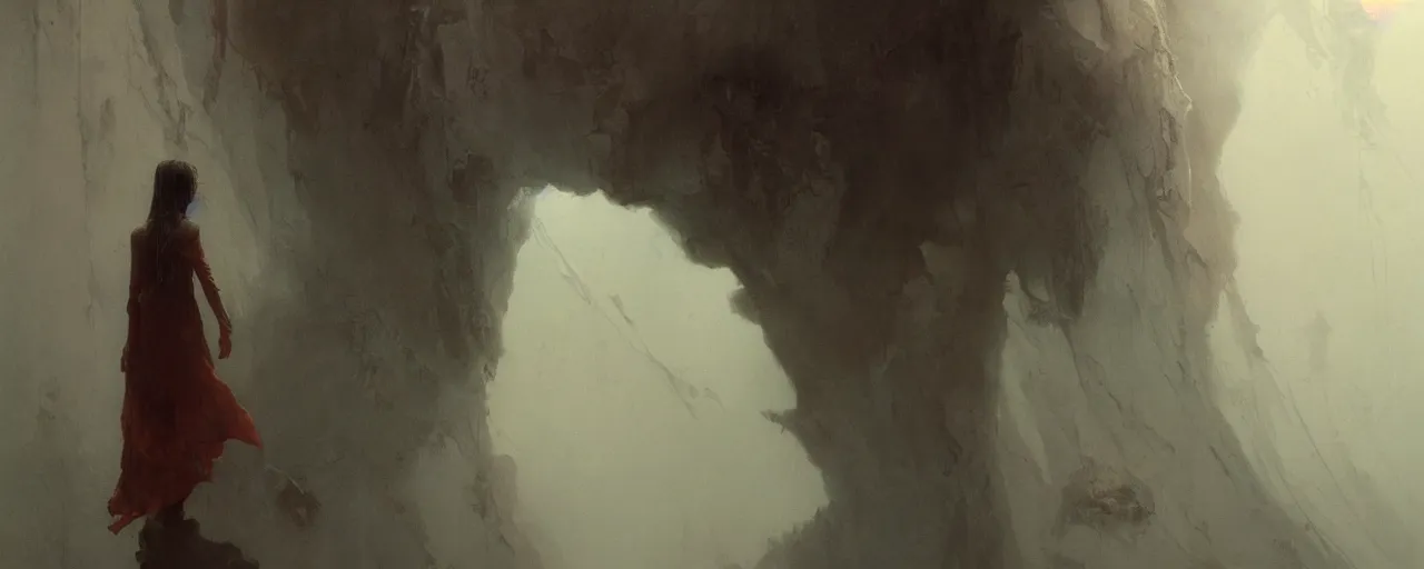 Image similar to she peers into the abyss and sees the abyss looking back at her, dramatic cinematic lighting, smooth, sharp details, intricate, sad and powerful painting by beksinski and ruan jia and greg rutkowski and android jones