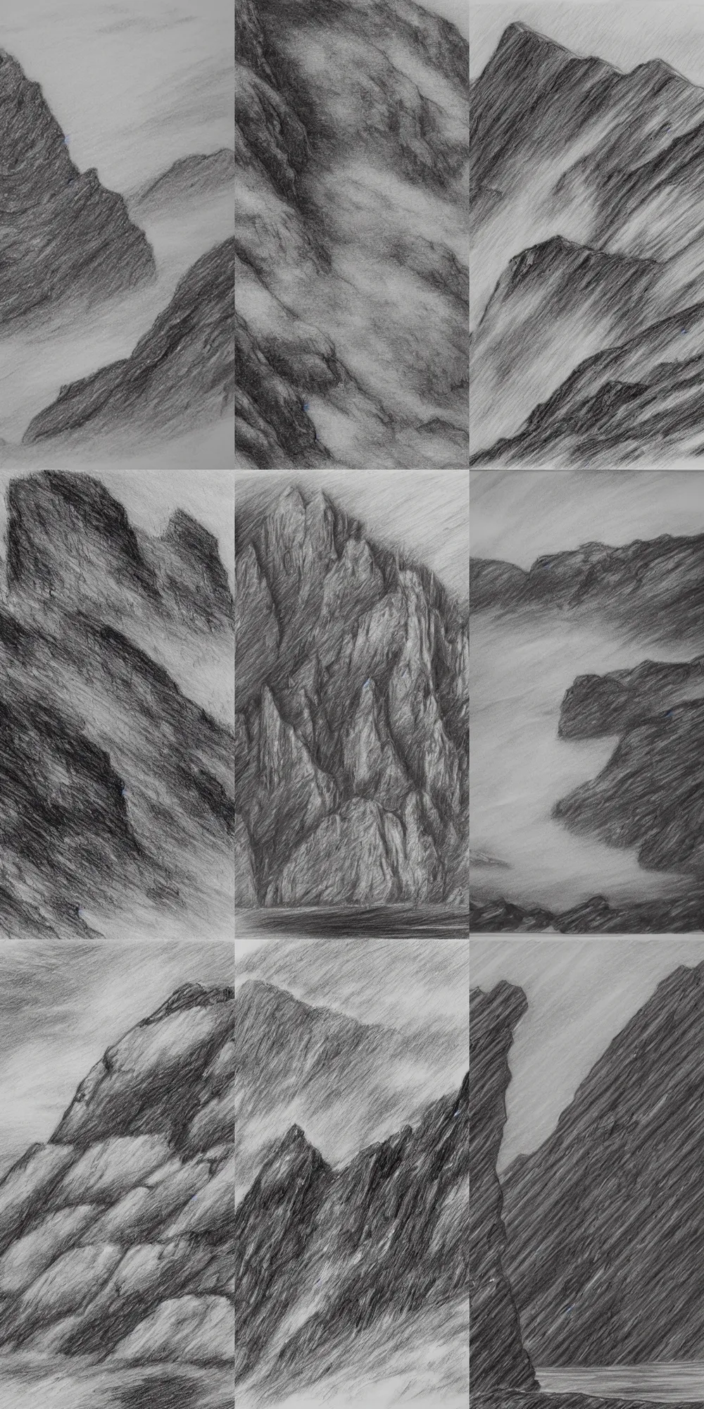 Prompt: A highly detailed black and white pencil sketch of a rocky cliff in the rain during a huge rainstorm