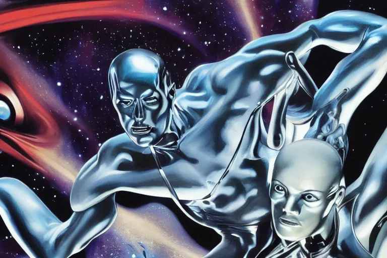 Prompt: movie poster, comic book page, oil painting, of a silver, silver surfer, album cover, by hajime sorayama 4 k