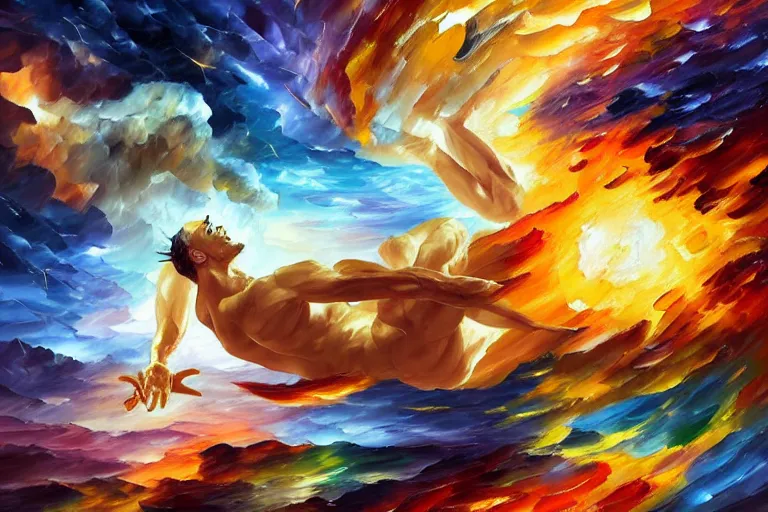 Image similar to a god giving birth to a new universe and then dissolving itself into it, in the style of wlop!! and leonid afremov, illustration, epic, fantasy, hyper detailed, smooth, unreal engine, sharp focus, ray tracing