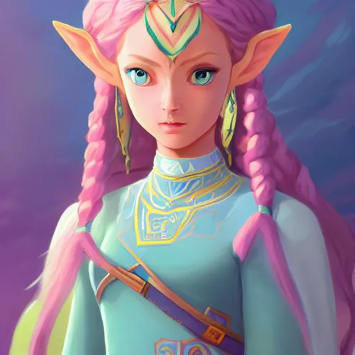 Image similar to princess zelda, hyper - detailed matte digital painting, concept art, official fan art, fantastically pastel colors, by jesper elsing and lois van baarle and ilya kuvshinov and ian spriggs, cinematic lighting, unreal engine 5 and octane render, smooth render, behance hd, trending on artstation hq