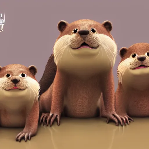 Image similar to character set, concept art, otters playing, 3 d render, pixar, dreamworks,