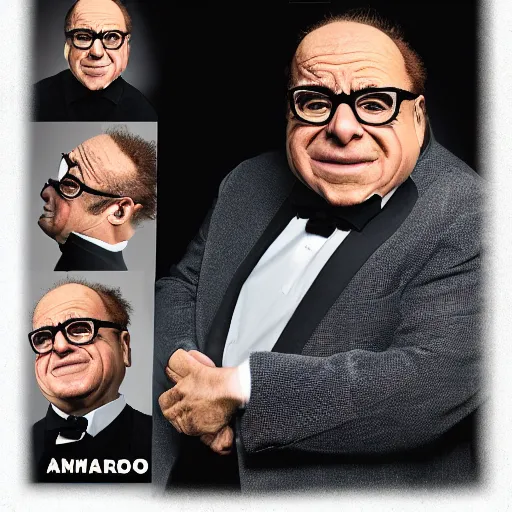 Image similar to ArnoldSchwarzeneggerDannyDevito hybrid, studio portrait, movie-cover-art headshot