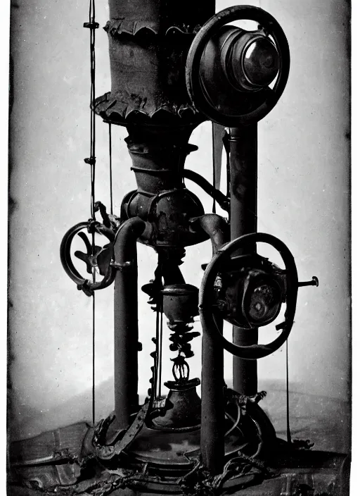 Image similar to 1 8 8 5 photo of a steampowered riveted turret from portal 2, daguerrotype, high quality