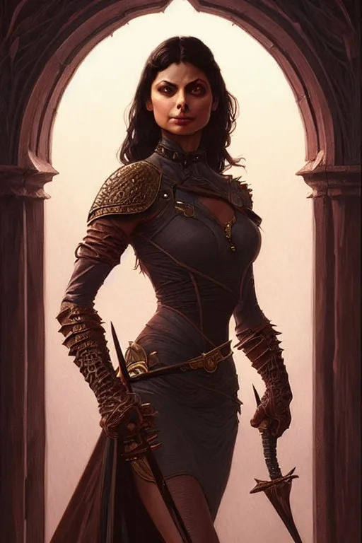 Prompt: Morena Baccarin as a fantasy rogue, D&D, fantasy, intricate, elegant, highly detailed, digital painting, artstation, concept art, matte, sharp focus, illustration, art by Artgerm and Greg Rutkowski and Alphonse Mucha