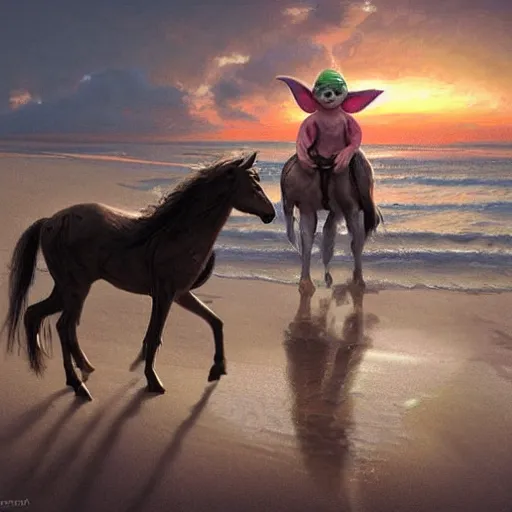 Image similar to baby yoda riding a horse on the beach at sunset by greg rutkowski