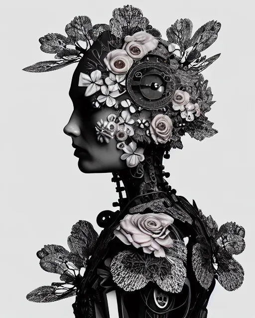 Image similar to monochrome profile portrait painting, dutch masters, silver lace floral steampunk biomechanical beautiful young female cyborg with one techno eye, monocular, volumetric light, leaves foliage and stems, hibiscus flowers, alexander mcqueen, rim light, big gothic fashion pearl embroidered collar, 8 k