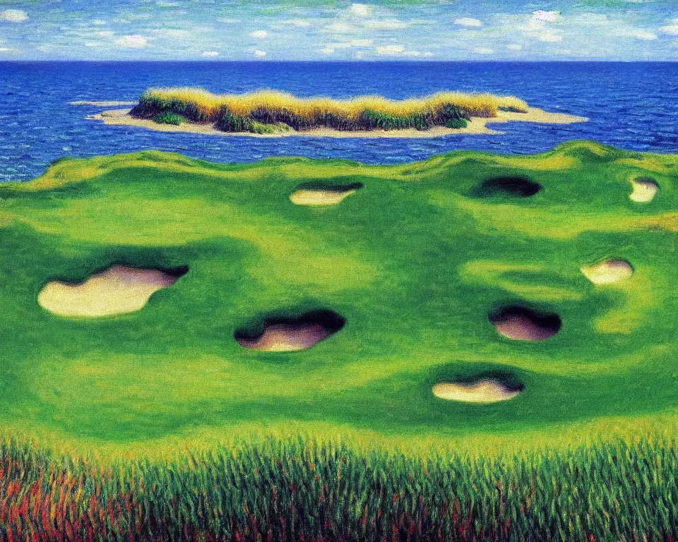 Image similar to achingly beautiful painting of bandon dunes golf course by rene magritte, monet, and turner.