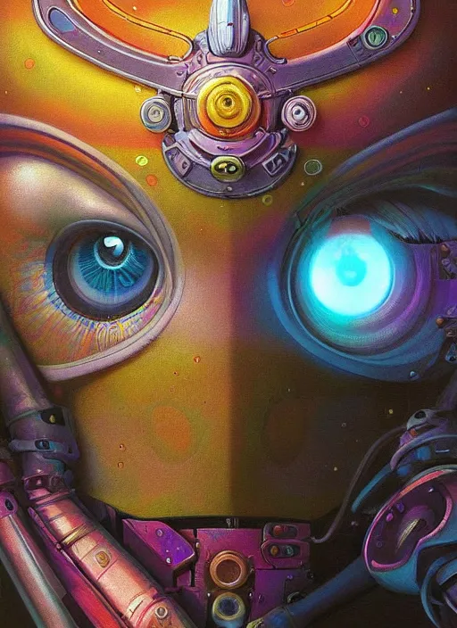 Image similar to close up sci - fi hippie lsd poster art simon stalenhag robot eyes, rainbow fur, elegant, highly detailed, centered, digital painting, concept art, smooth, sharp focus, illustration, artgerm, tomasz alen kopera, peter mohrbacher, donato giancola, joseph christian leyendecker, wlop, frank frazetta