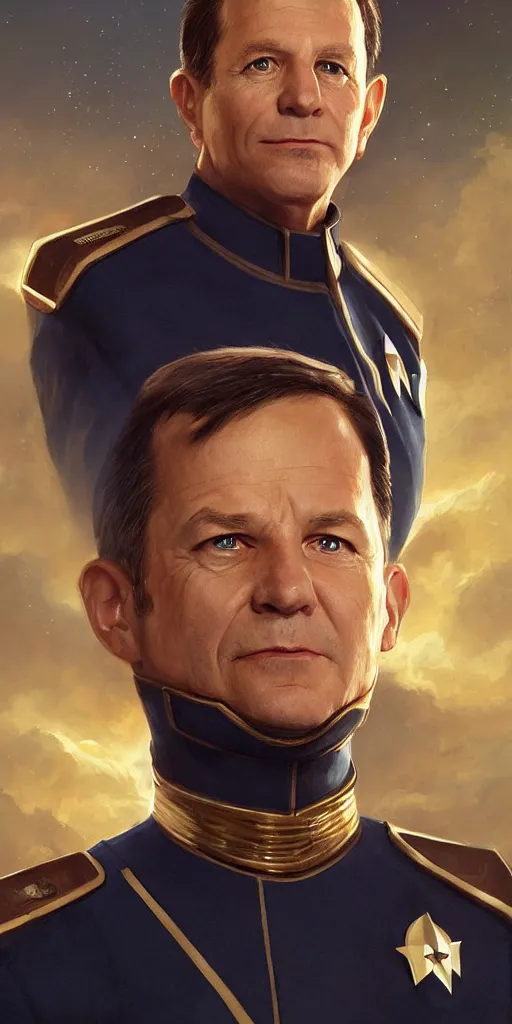 Image similar to portrait of Senator Mark McGowan wearing his starfleet captains uniform, realistic character concept, high fantasy, light atmosphere, golden ratio, cinematic lighting, hyperdetailed, high resolution, insanely detailed and intricate, artstation, Marc Simonetti, Greg Rutkowski