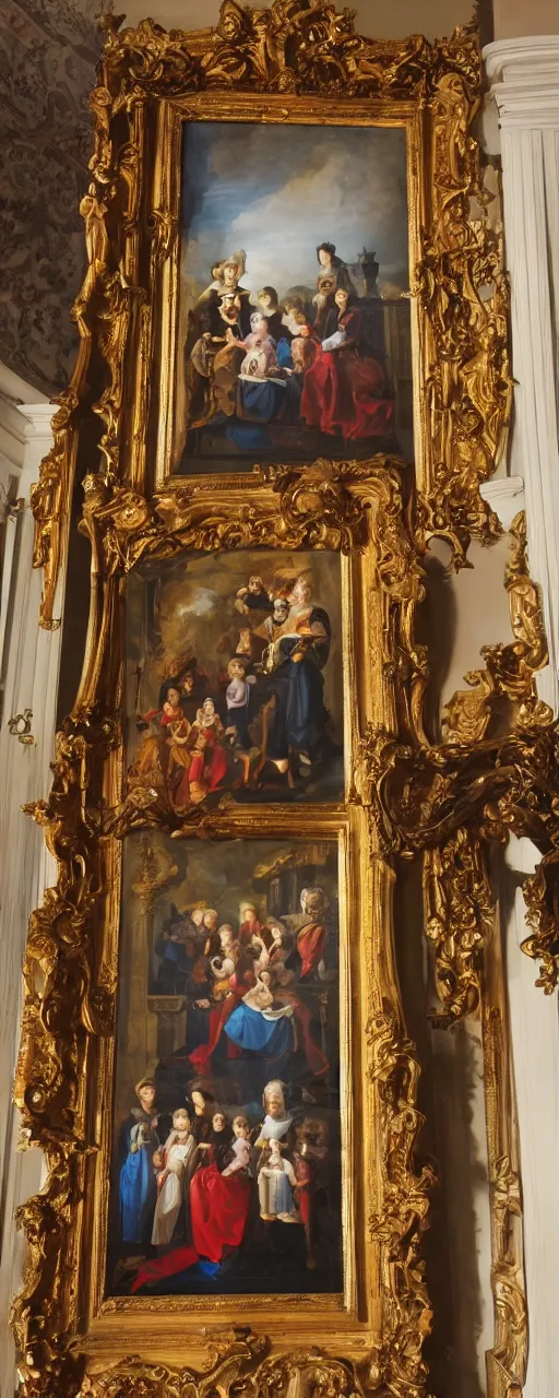 Prompt: oil paint of family portrait in the main room of the castle, dark room, one point of light trough a big window. baroque style 1 6 5 0, high details on clothes, realistic faces and expressions