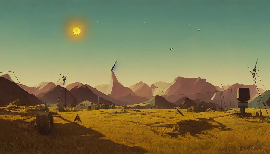 Image similar to space antennas, sun in the sky, early morning, open field, mountains in the background, hexagon blocking the sun, simon stalenhag, art deco painting