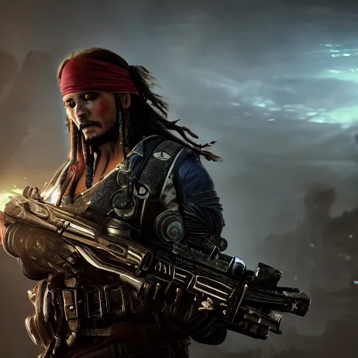 Prompt: ( ( captain jack sparrow ) ) in gears of war, splash art, movie still, cinematic lighting, dramatic, octane render, long lens, shallow depth of field, bokeh, anamorphic lens flare, 8 k, hyper detailed, 3 5 mm film grain