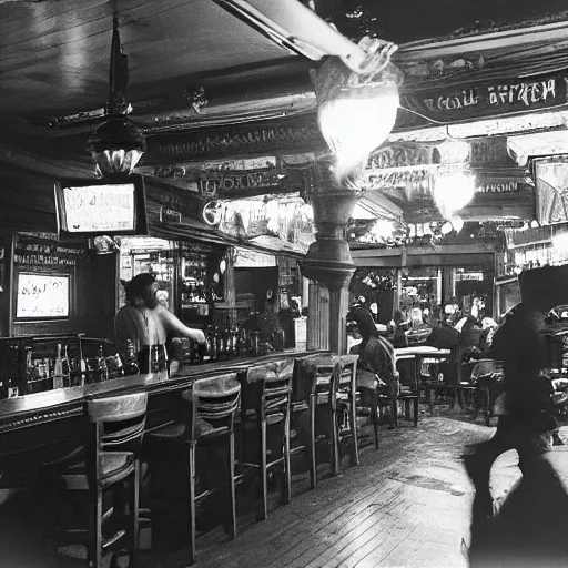 Prompt: the interior of a busy bar, night, photograph