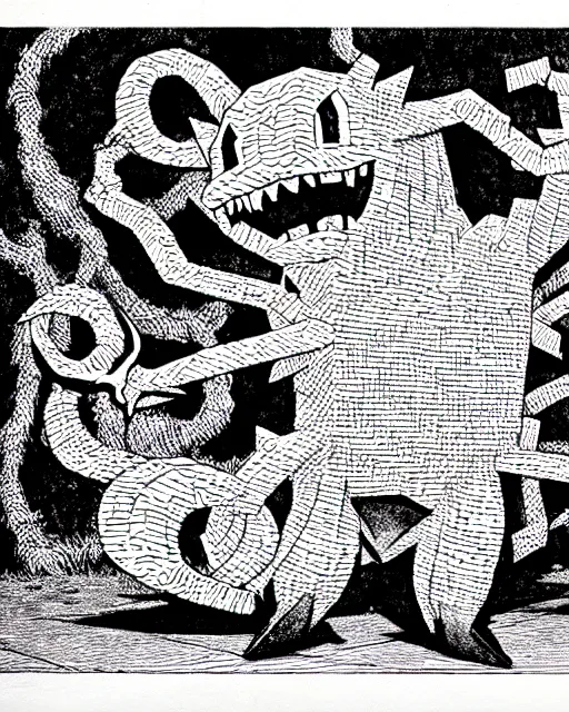 Image similar to the pokemon missingno as a d & d monster, pen - and - ink illustration, etching, by russ nicholson, david a trampier, larry elmore, 1 9 8 1, hq scan, intricate details, high contrast