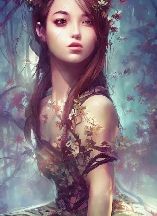 Prompt: female seductive queen of nature girl, beautiful face, rule of thirds, intricate outfit, backlit, portrait by artgerm, background art by greg rutkowsk and jeremy mann, digital painting