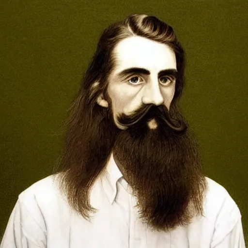 Image similar to young man, long hair!!!!, short facial hair, no mustache, dark green eyes, dark eyebrows, light widows peak light facial hair, in the style of mauritz cornelis escher, in - frame