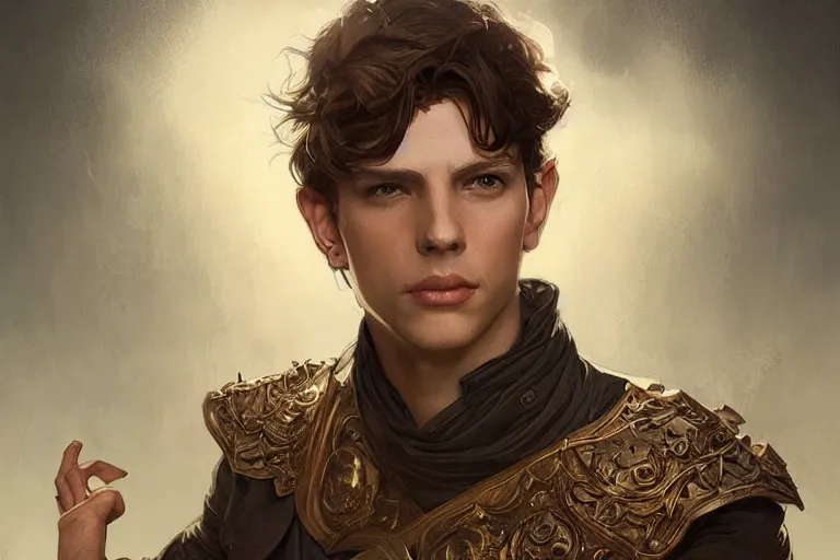 Image similar to handsome boy with brown hair, Wentworth Earl Miller III,D&D, fantasy, intricate, elegant, highly detailed, digital painting, artstation, concept art, matte, sharp focus, illustration, art by Artgerm and Greg Rutkowski and Alphonse Mucha