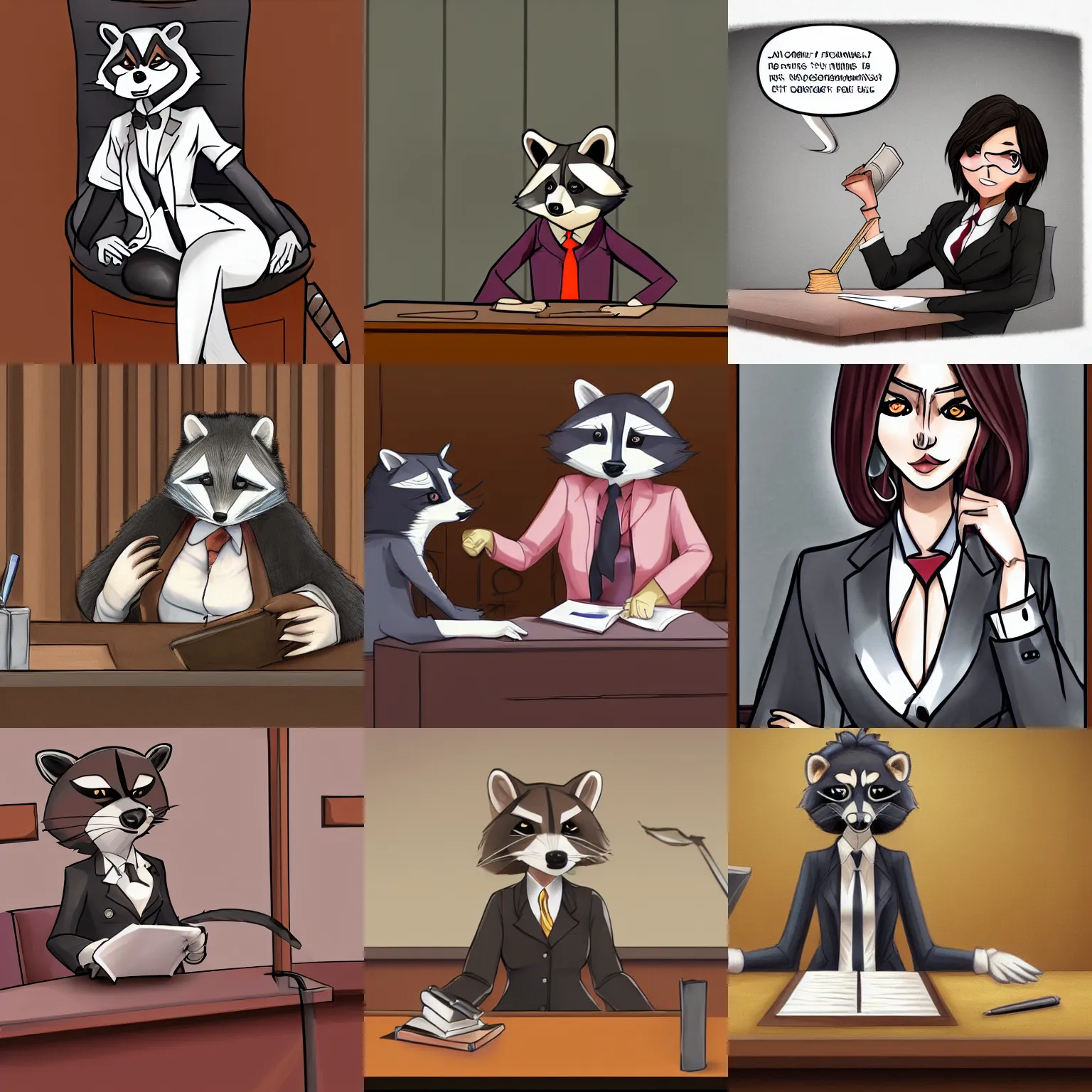 Prompt: female racoon as a lawyer in a courtroom, furry art, fur furaffinity artstation