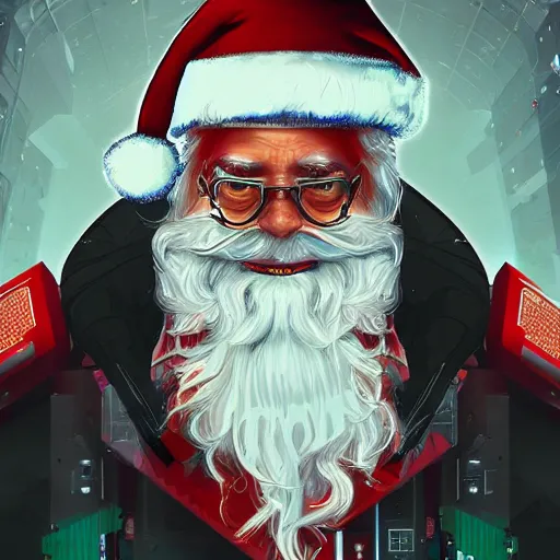Prompt: cyberpunk santa clause as the leader of a futuristic communist nation, cybernetics, sharp lines, digital, artstation, colored in