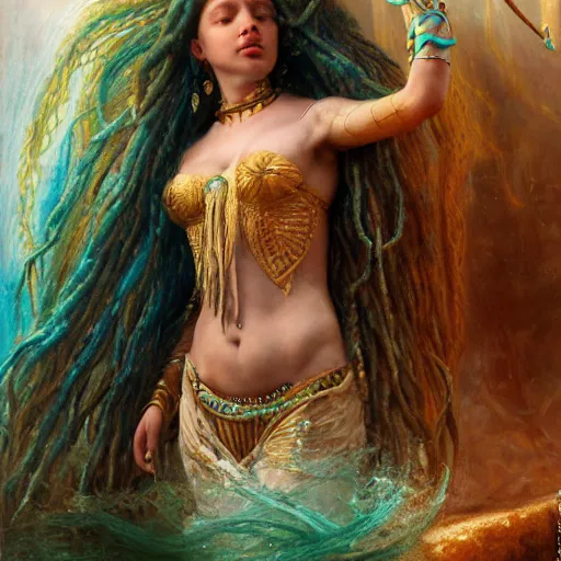 Image similar to birth of mami wata, sumerian goddess inanna ishtar, ashteroth, techno mystic goddess princess intergalactica, with aqua neon rapunzel dreadlocks, mami wata, detailed, by gaston bussiere, bayard wu, greg rutkowski, giger, maxim verehin, greg rutkowski, masterpiece, sharp focus,