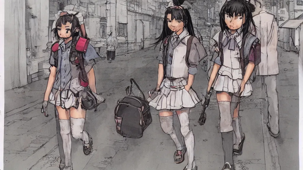Prompt: cute schoolgirl walk in ghetto, in style of katsuya terada,