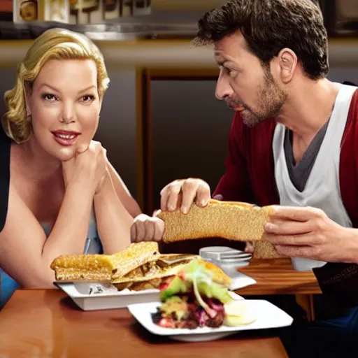 Prompt: catherine heigl and tenth is khan eating sandwiches at a diner, ultrarealistic, photorealistic, 8 k, ultra hd