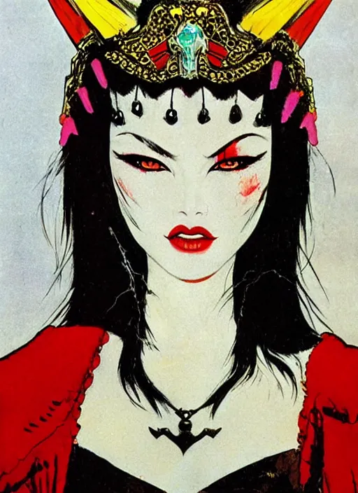 Image similar to mighty female korean vampiress, jeweled headdress, heavy mascara, strong line, saturated color, beautiful! coherent! by frank frazetta, high contrast, minimalism