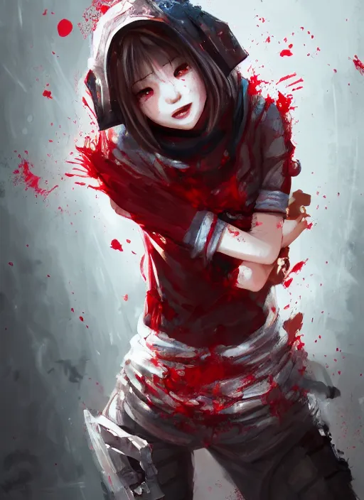 Image similar to a highly detailed illustration of short hair cute japanese girl wearing blood stained hoodie and bandages on arms, dramatic sadistic smile pose, intricate, elegant, highly detailed, centered, digital painting, artstation, concept art, smooth, sharp focus, league of legends concept art, WLOP