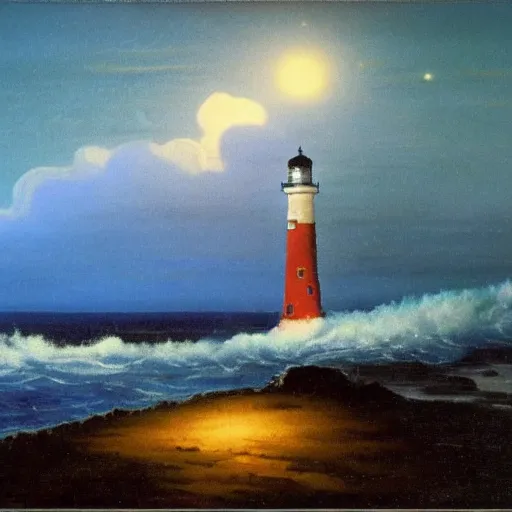 Image similar to midnight shores of the lighthouse island, bob Ross