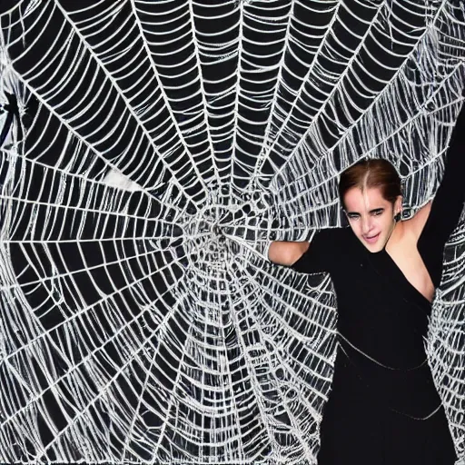 Image similar to emma watson stuck to the ceiling with a giant spider web