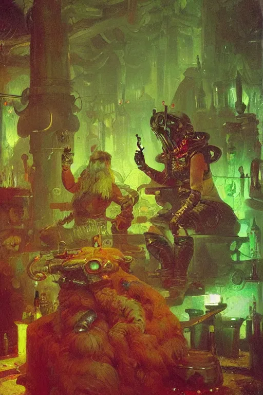 Prompt: a space viking drinking green neon liquid in an alien tavern. art by ilya repin.