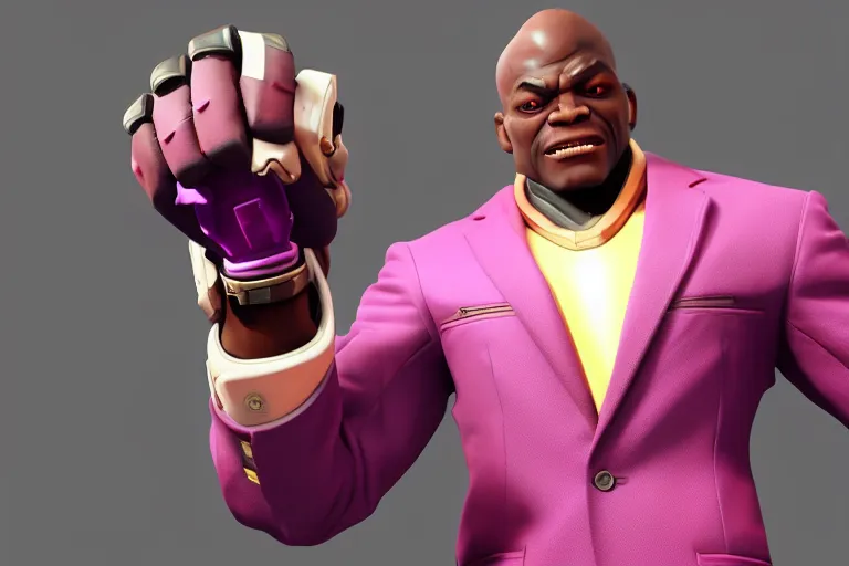 Image similar to doomfist, pink blazer, overwatch game, digital art, high detailed, artstation, 3 d render