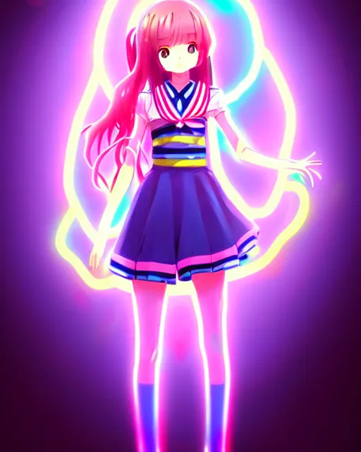 Image similar to anime style, vivid, expressive, full body, 4 k, painting, a cute magical girl with a long wavy hair wearing a sailor outfit, correct proportions, stunning, realistic light and shadow effects, neon lights, studio ghibly makoto shinkai yuji yamaguchi