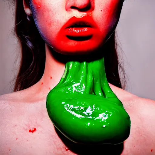 Image similar to medium shot open human mouth with thick viscous green slime oozing out, thick red lips, human staring blankly ahead, melancholy, unsettling, art house film aesthetic, color grain 3 5 mm, hyperrealism, 8 k, high detail, sharp focus, masterpiece, moma, contemporary art, photography